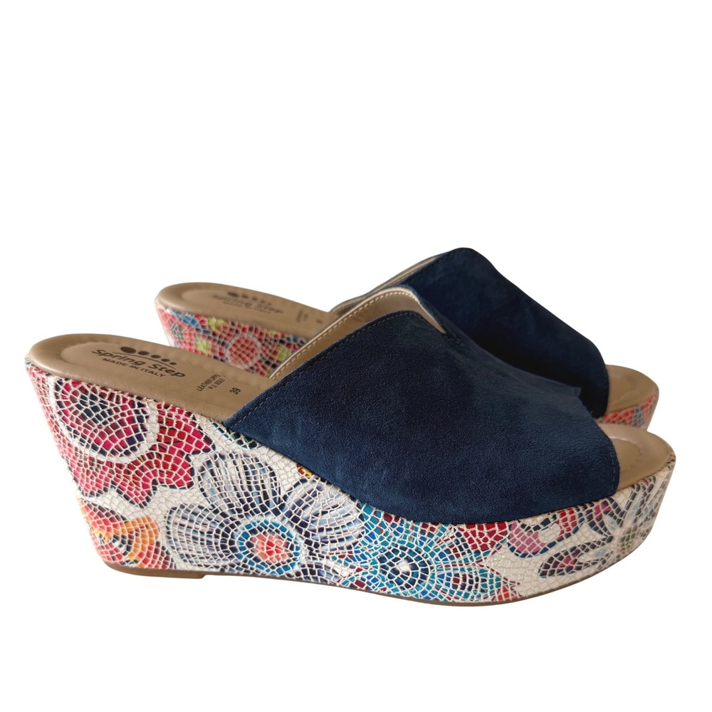 Spring Step Laylani Navy Suede Floral Mosaic Wedge‎ Sandals Made in Italy 39 New